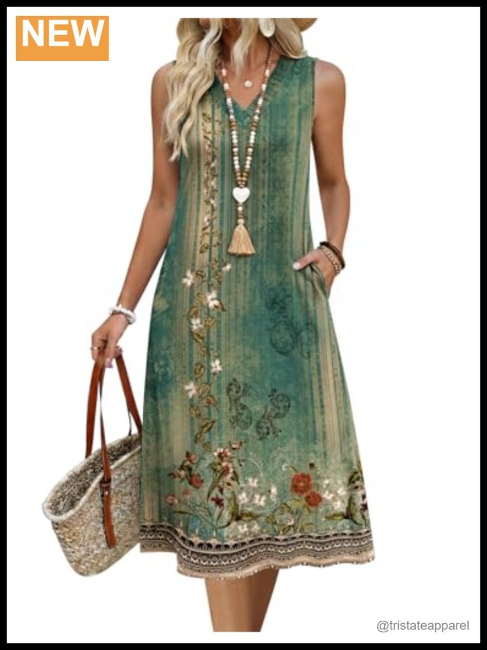 Sleeveless V Neck Midi Sundress with Pockets Casual Beach Vacation
